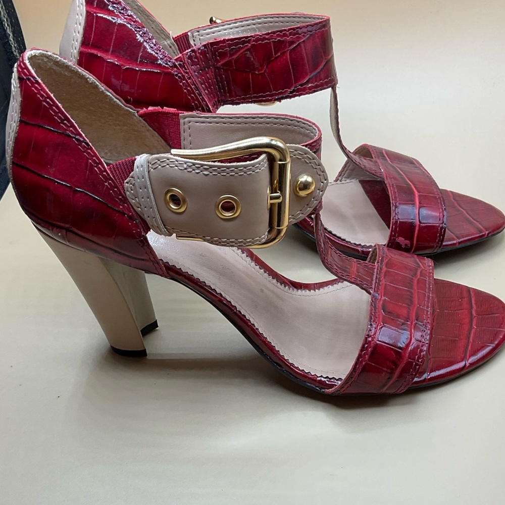 Red Croc-Effect Ankle Strap Heels - (Brand Unspecified)
